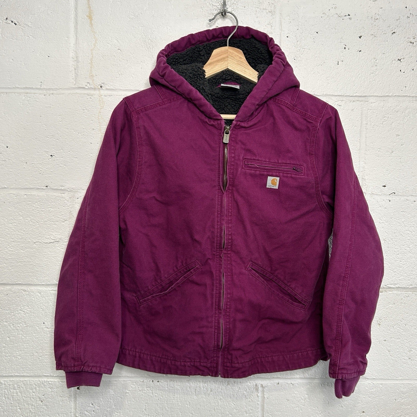 Y2K Carhartt Sherpa-Lined Hooded Detroit Jacket “Plum Purple” Youth L/Women’s XS