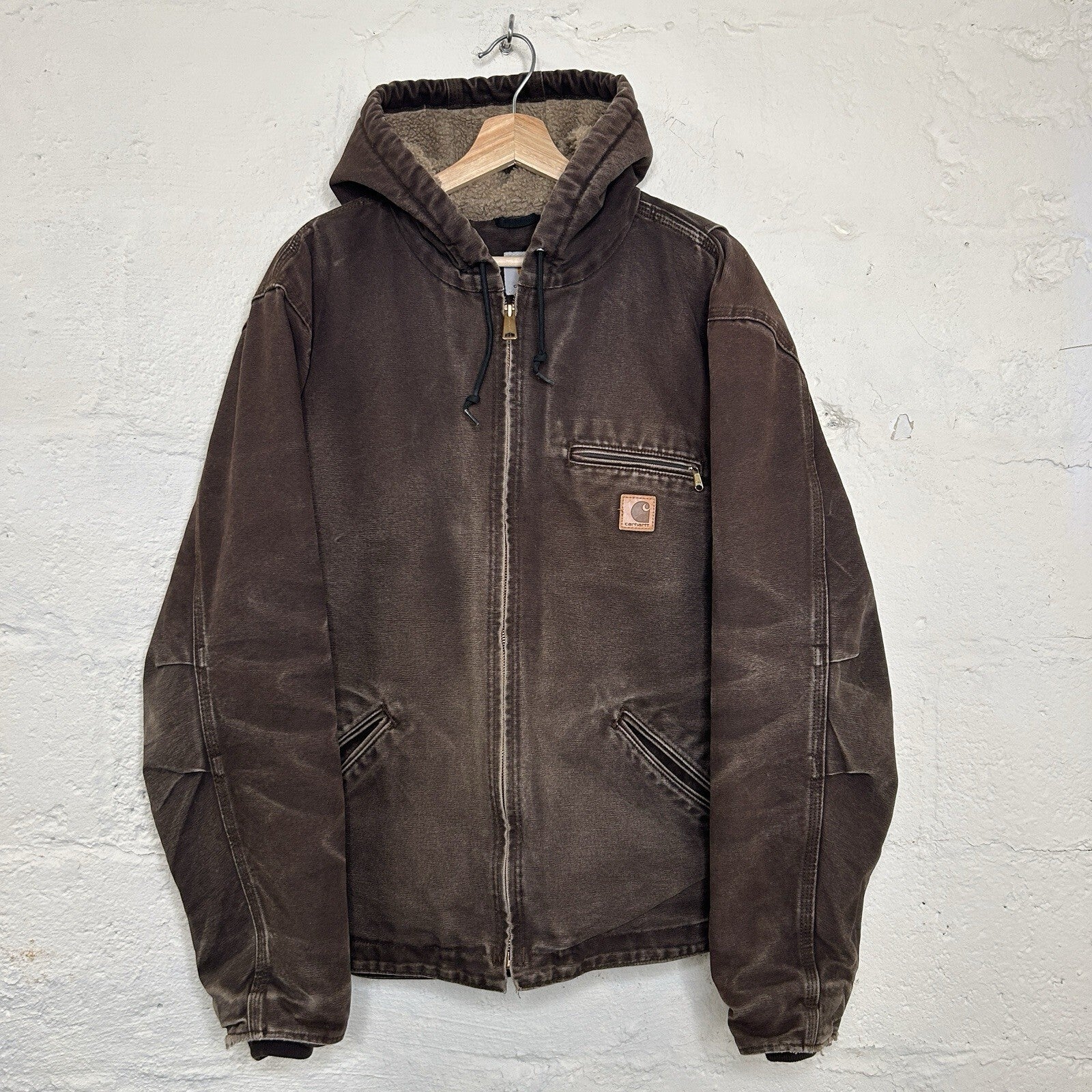 Faded Carhartt Sherpa-Lined Hooded Detroit Jacket “Dark Brown” J141 DKB Men’s L