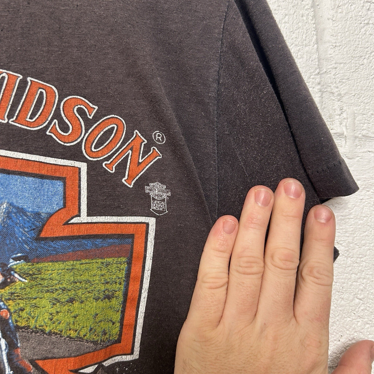 80's Vintage Harley-Davidson 3D Emblem Shield Mountains Tee
