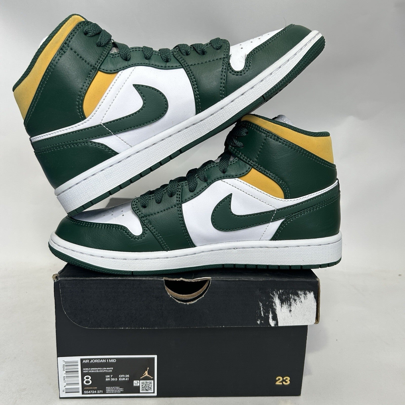 Nike Air Jordan 1 Mid Retro “Sonics/White Green Yellow” 554724-371 Men’s 8 Worn