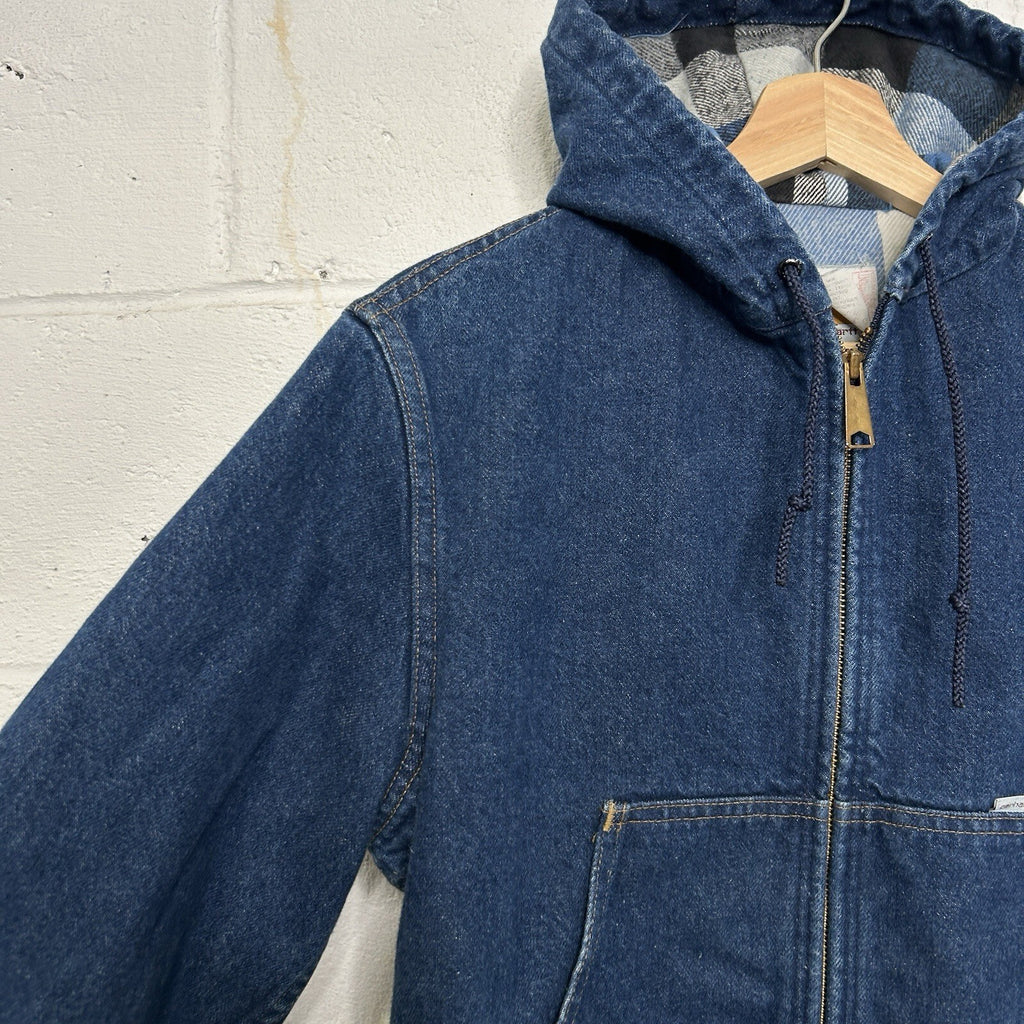 VTG Carhartt Flannel-Lined Hooded Active Jacket “Blue Denim” JF848 Men’s Small