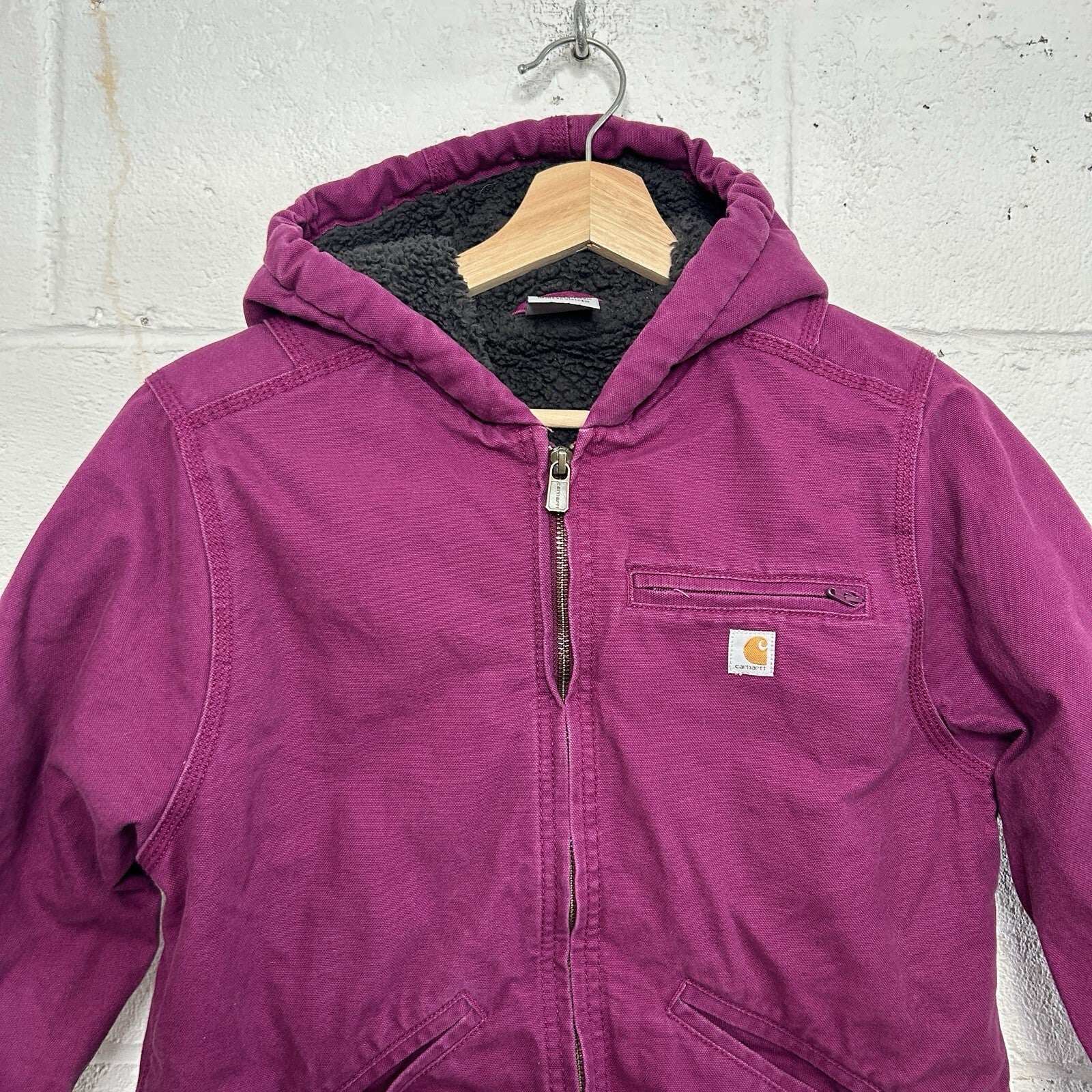 Y2K Carhartt Sherpa-Lined Hooded Detroit Jacket “Plum Purple” Youth L/Women’s XS