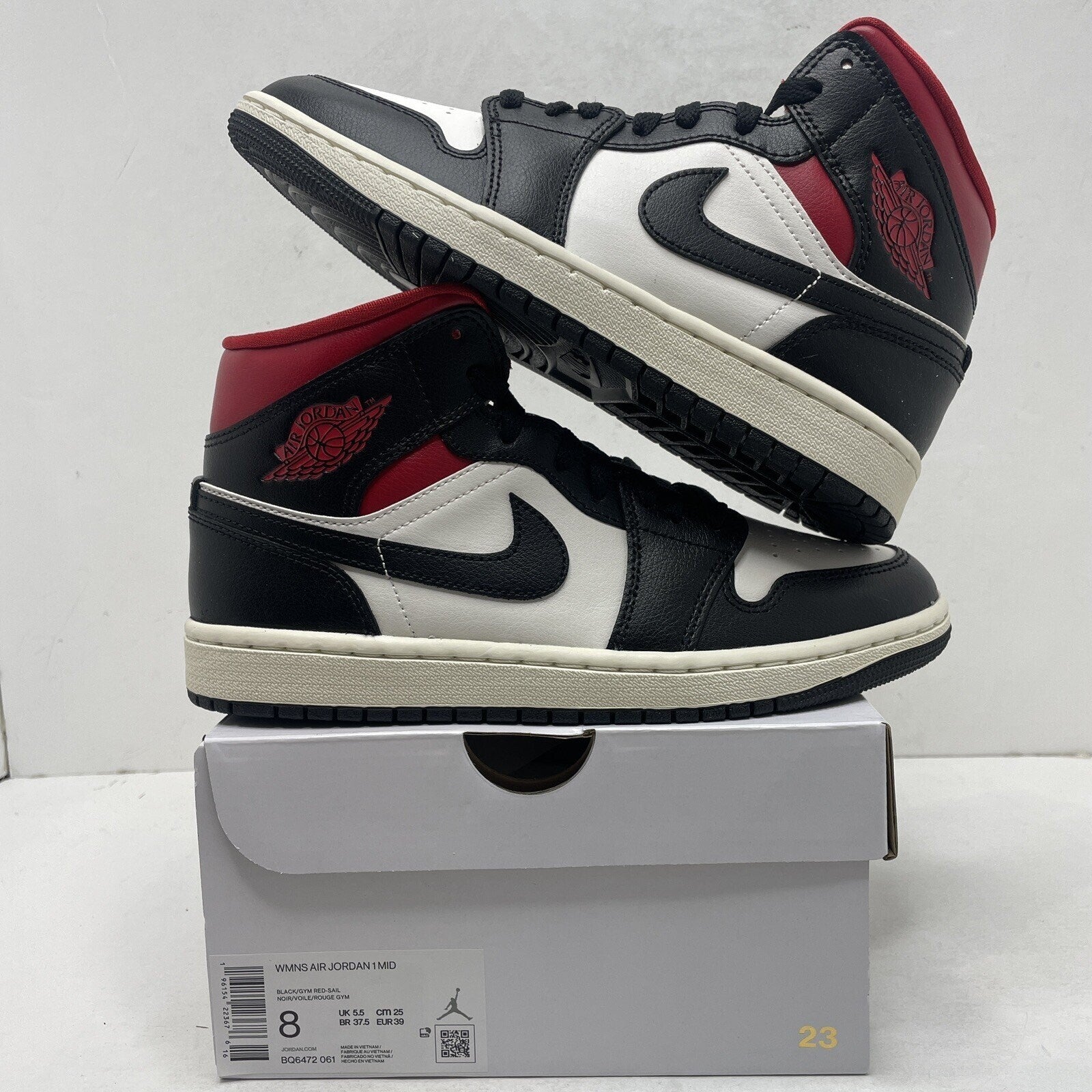 Nike Air Jordan 1 Mid Retro Black Gym Red Sail BQ6472-061 Women's 8 New