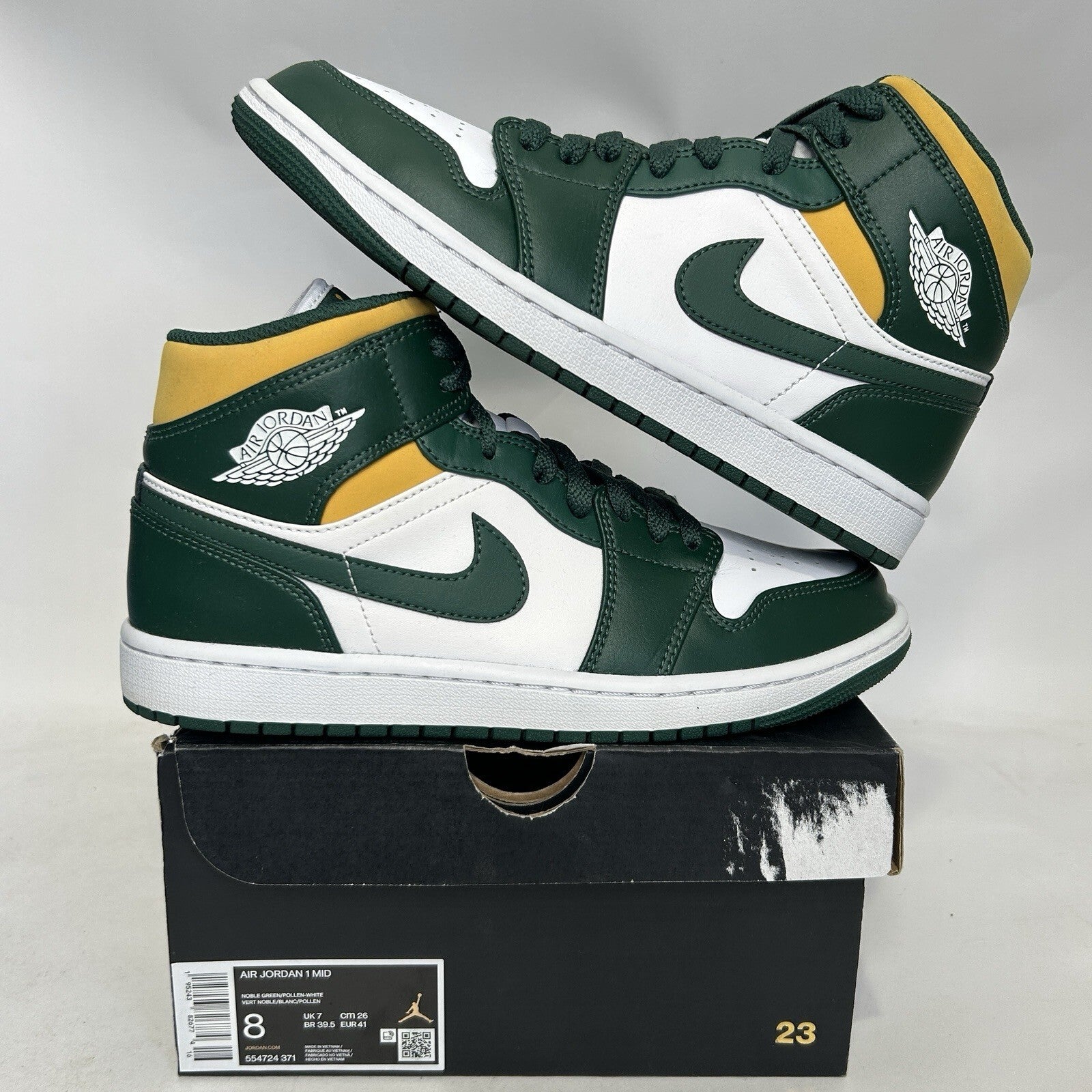 Nike Air Jordan 1 Mid Retro “Sonics/White Green Yellow” 554724-371 Men’s 8 Worn