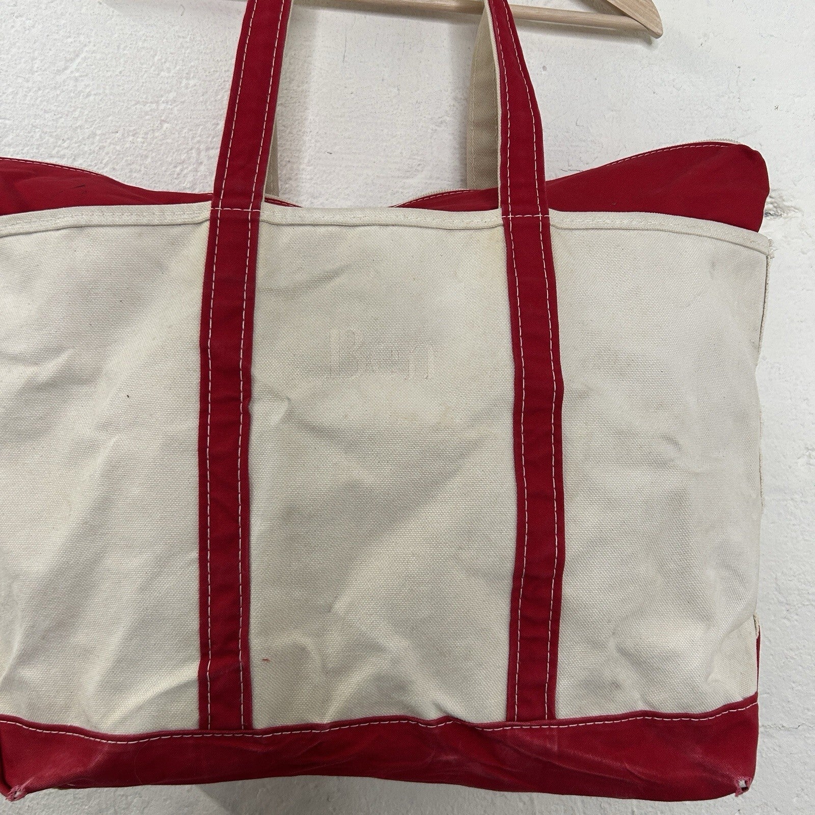 Vintage L.L. Bean Boat and Tote Canvas Large Long Handle Zipper-Top “Red White”