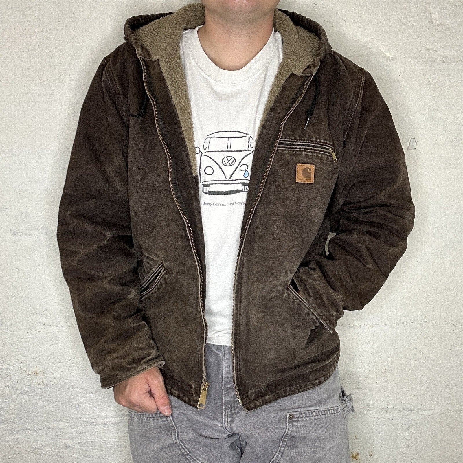 Faded Carhartt Sherpa-Lined Hooded Detroit Jacket “Dark Brown” J141 DKB Men’s L