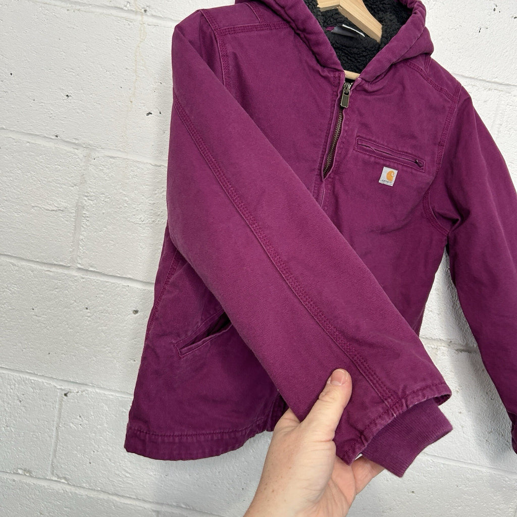 Y2K Carhartt Sherpa-Lined Hooded Detroit Jacket “Plum Purple” Youth L/Women’s XS