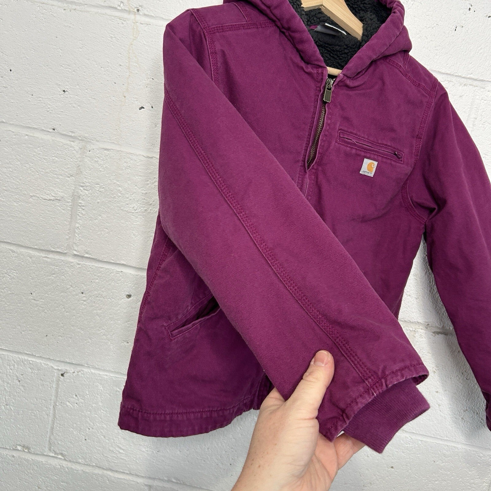Y2K Carhartt Sherpa-Lined Hooded Detroit Jacket “Plum Purple” Youth L/Women’s XS