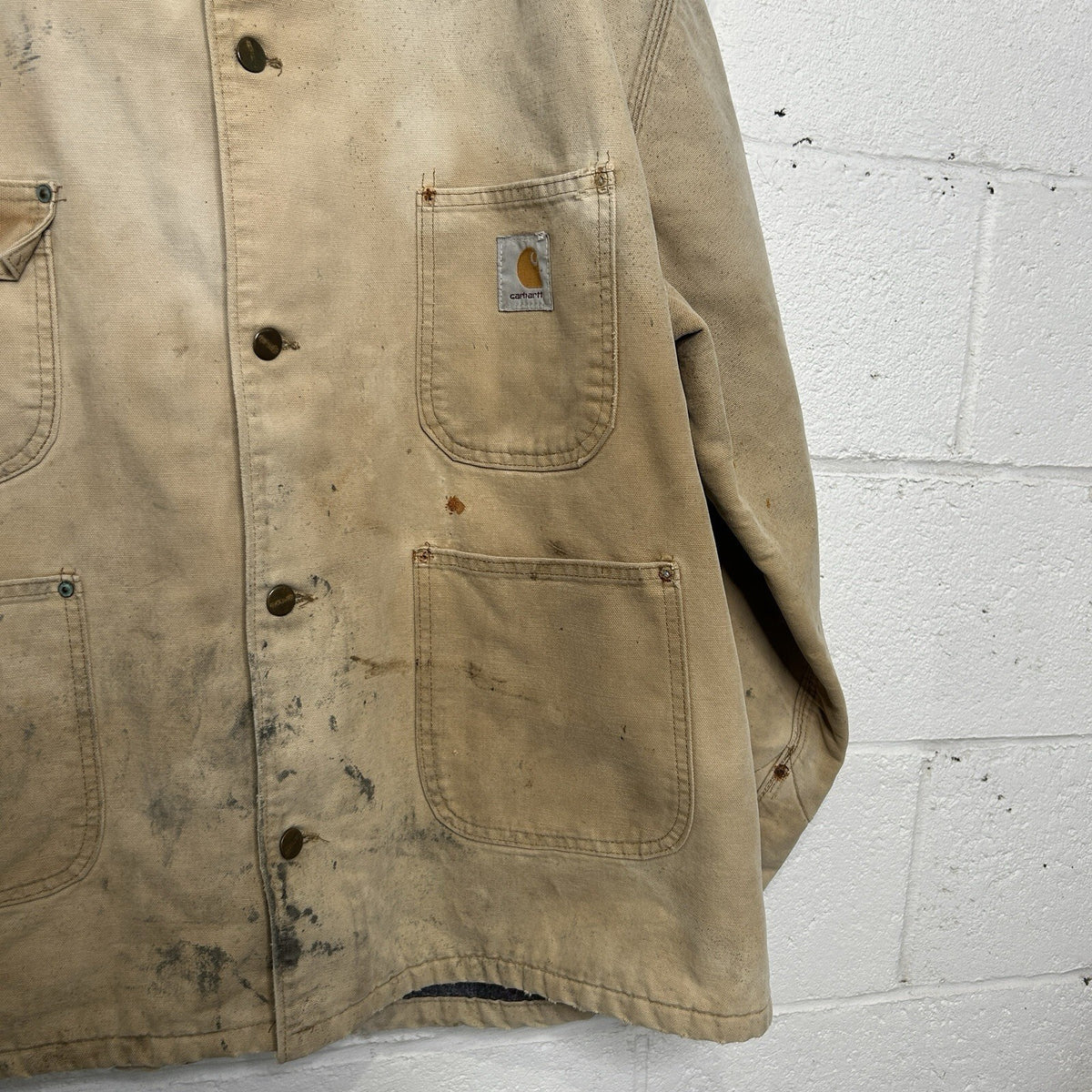 Vintage Carhartt Blanket-Lined Canvas Chore Coat “Tan” Men’s 2XL Thrashed
