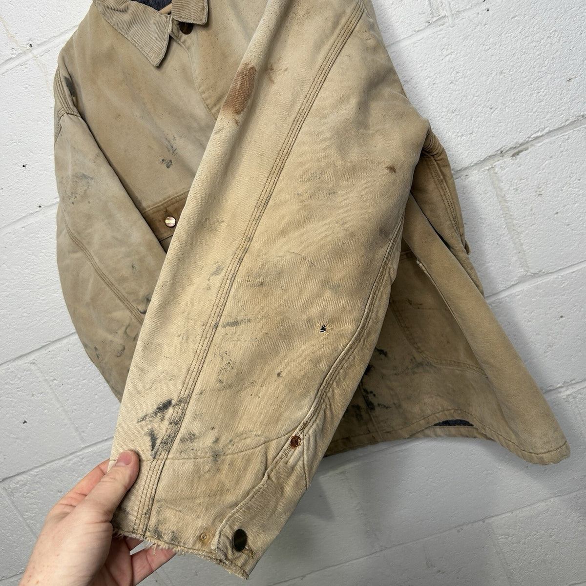 Vintage Carhartt Blanket-Lined Canvas Chore Coat “Tan” Men’s 2XL Thrashed