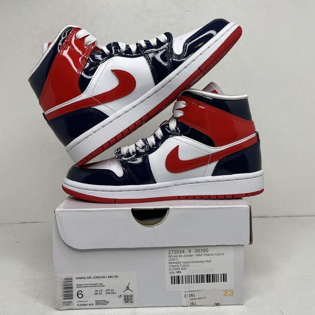 Nike Air Jordan 1 Mid SE “Champ Colors” USA Patent Leather Women Sz 6 DJ5984-400