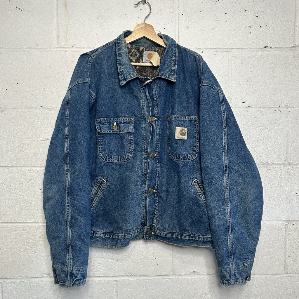 Vintage Carhartt Aztec Pile-Lined Denim Chore Jacket “Darkstone” JP1088 Men’s XL