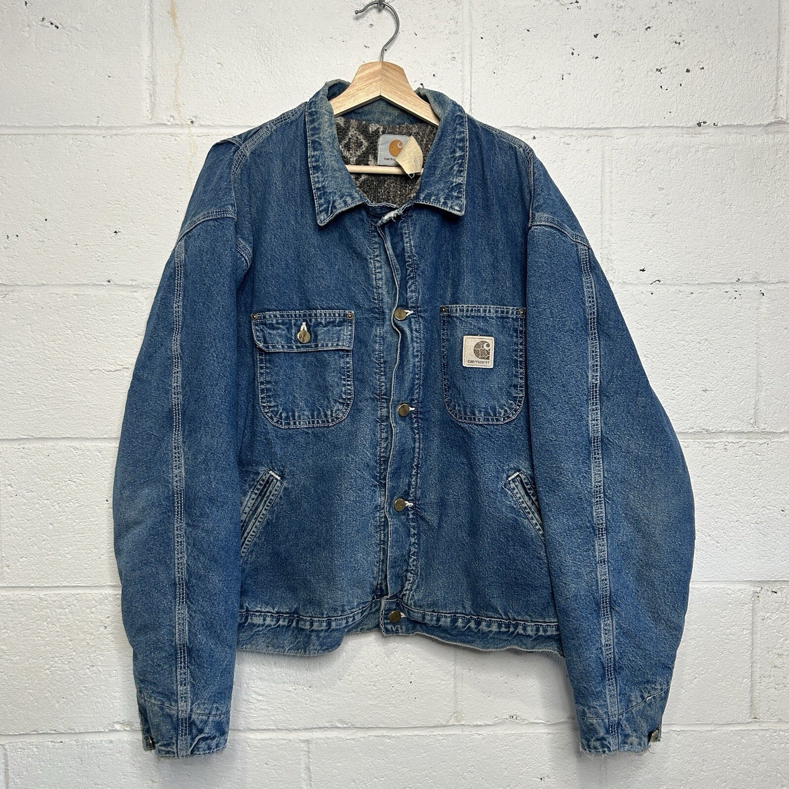 Vintage Carhartt Aztec Pile-Lined Denim Chore Jacket “Darkstone” JP1088 Men’s XL