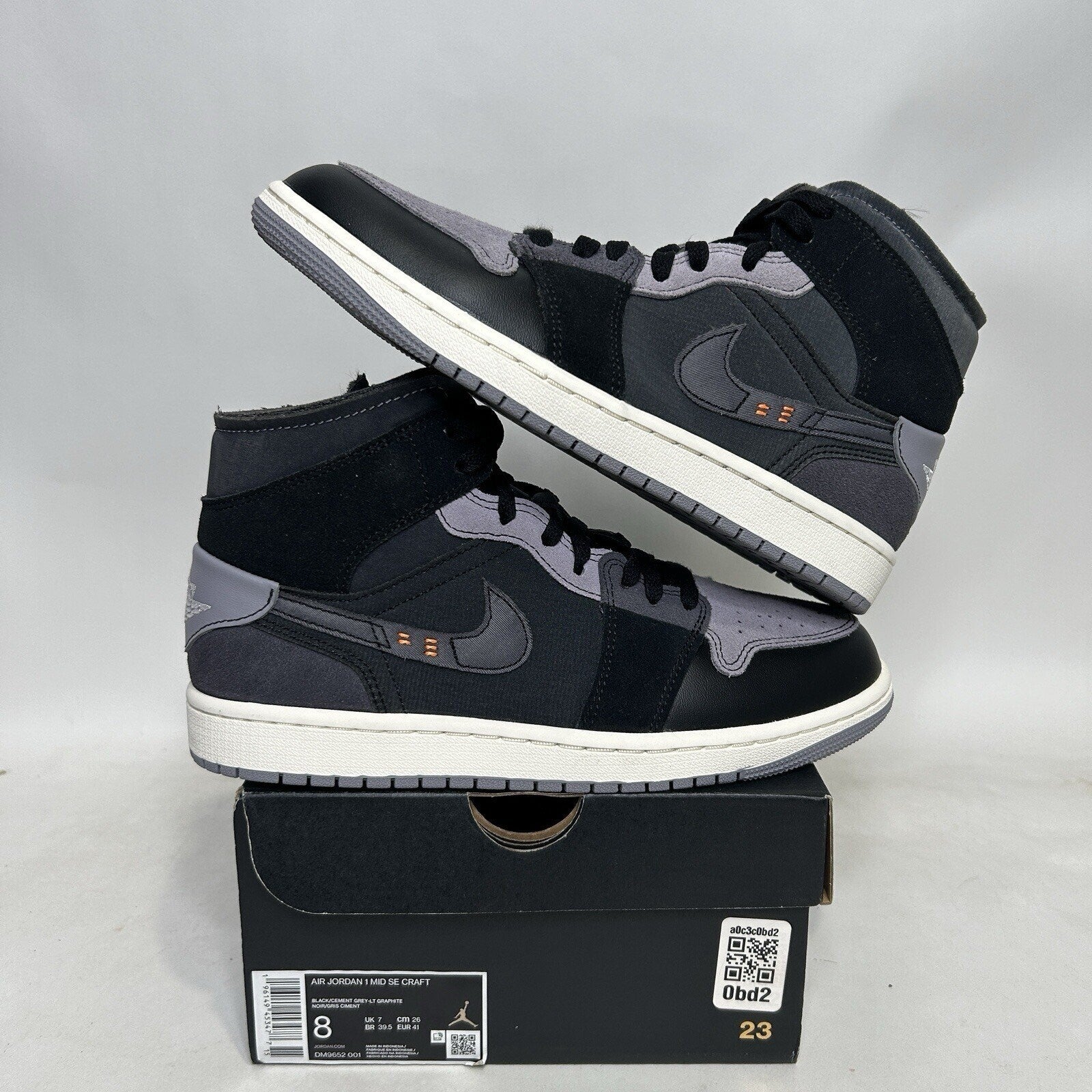 Nike Air Jordan 1 Mid Craft Inside Out “Black Cement Grey” DM9652-001 Men’s 8