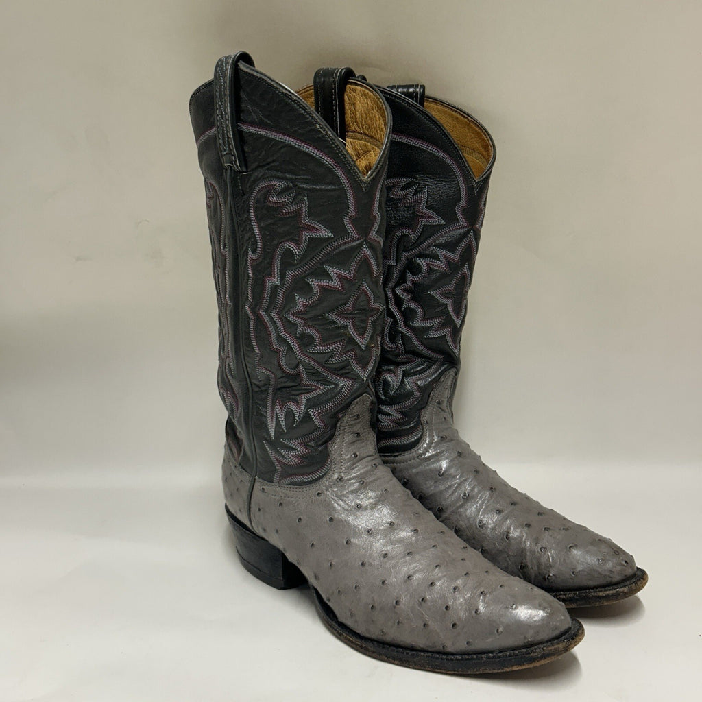 Tony Lama Vintage El Rey Gray Full Quill Ostrich Western Cowboy Boots Mens 8.5 D