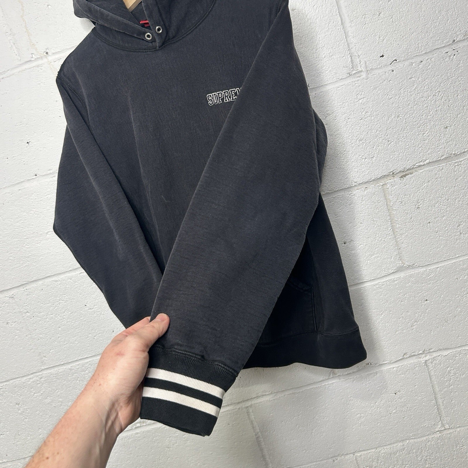 Supreme Black Embroidered Pullover Striped Hoodie “Black” Men’s Medium