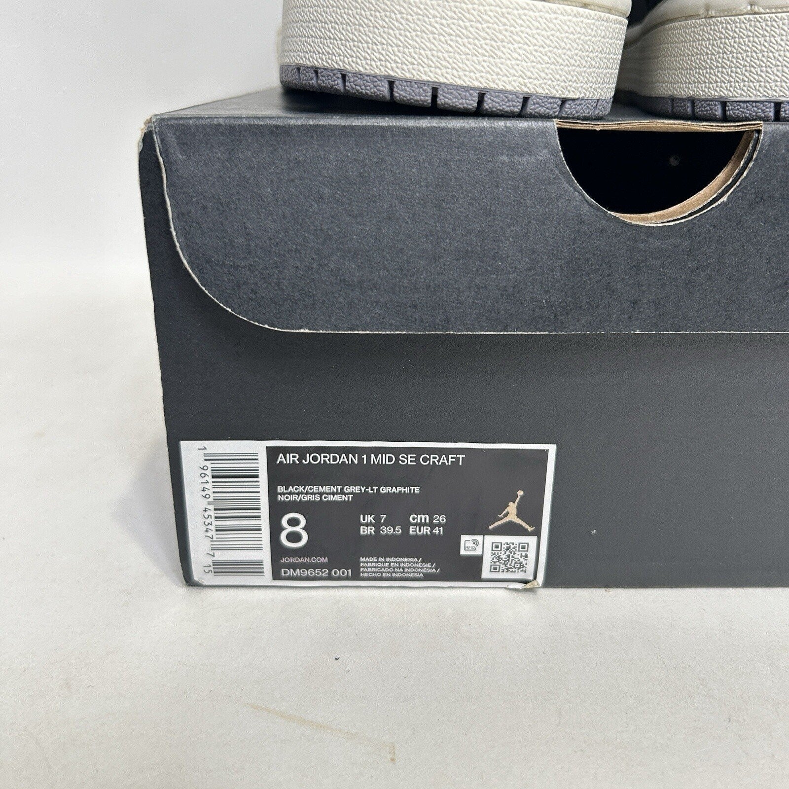 Nike Air Jordan 1 Mid Craft Inside Out “Black Cement Grey” DM9652-001 Men’s 8