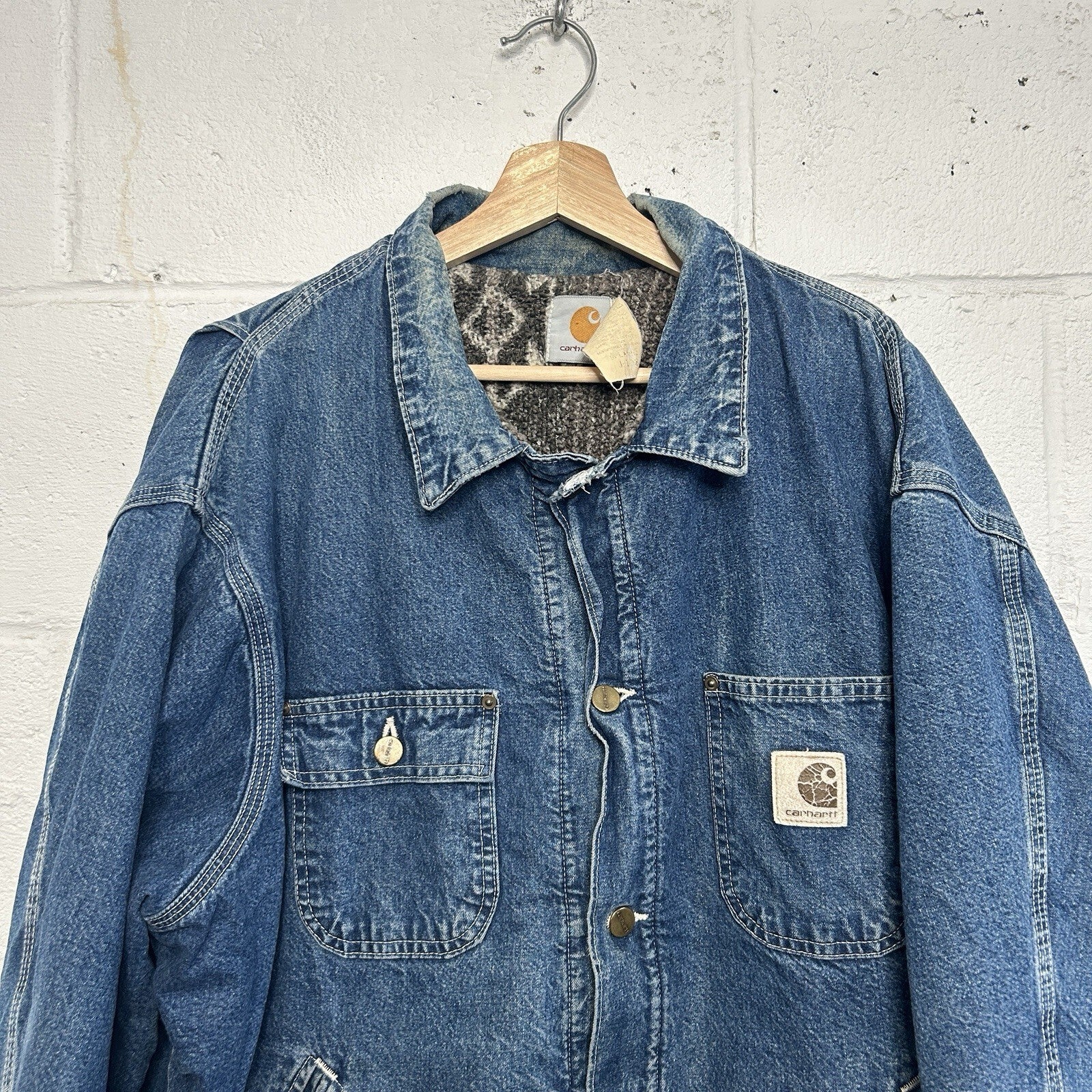 Vintage Carhartt Aztec Pile-Lined Denim Chore Jacket “Darkstone” JP1088 Men’s XL