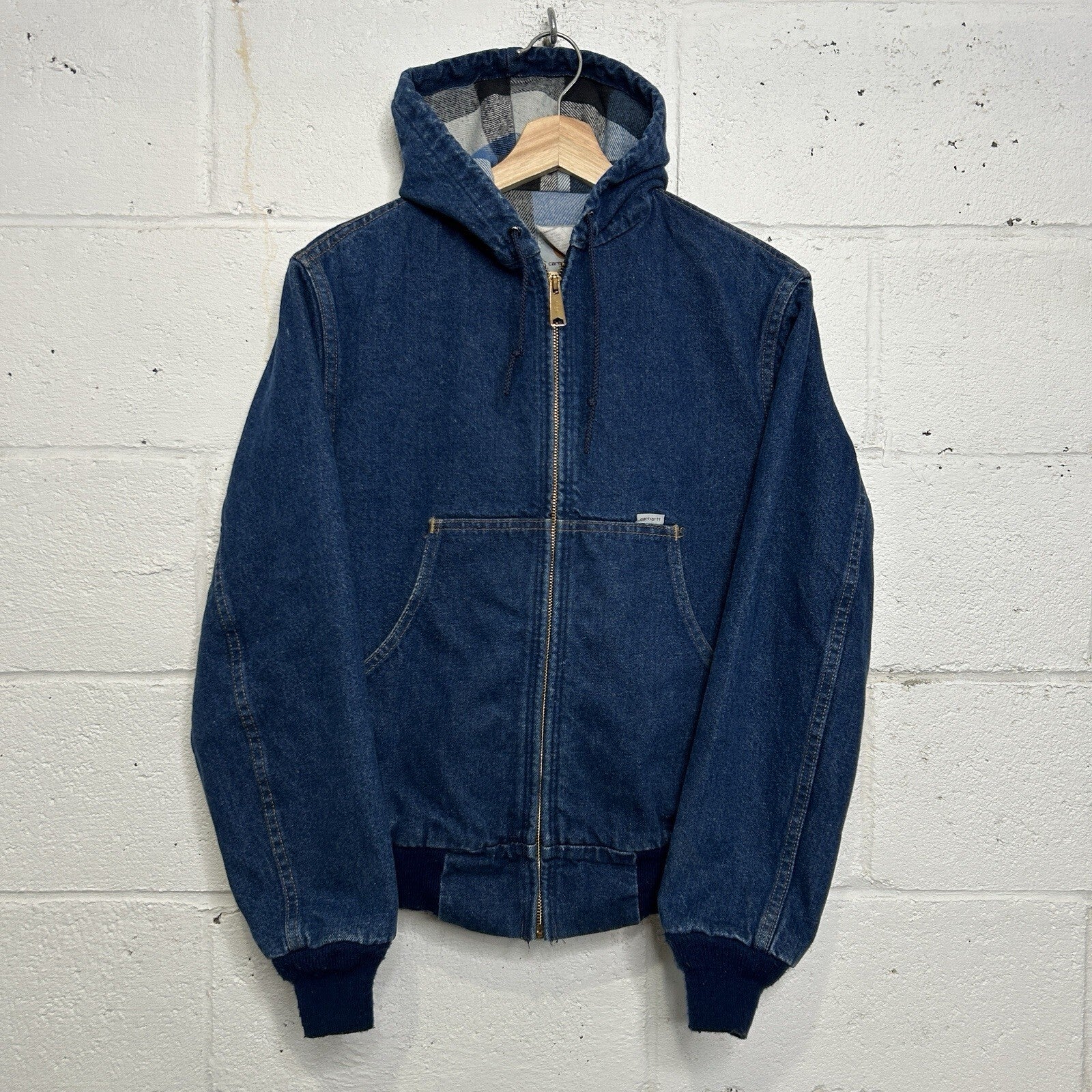VTG Carhartt Flannel-Lined Hooded Active Jacket “Blue Denim” JF848 Men’s Small