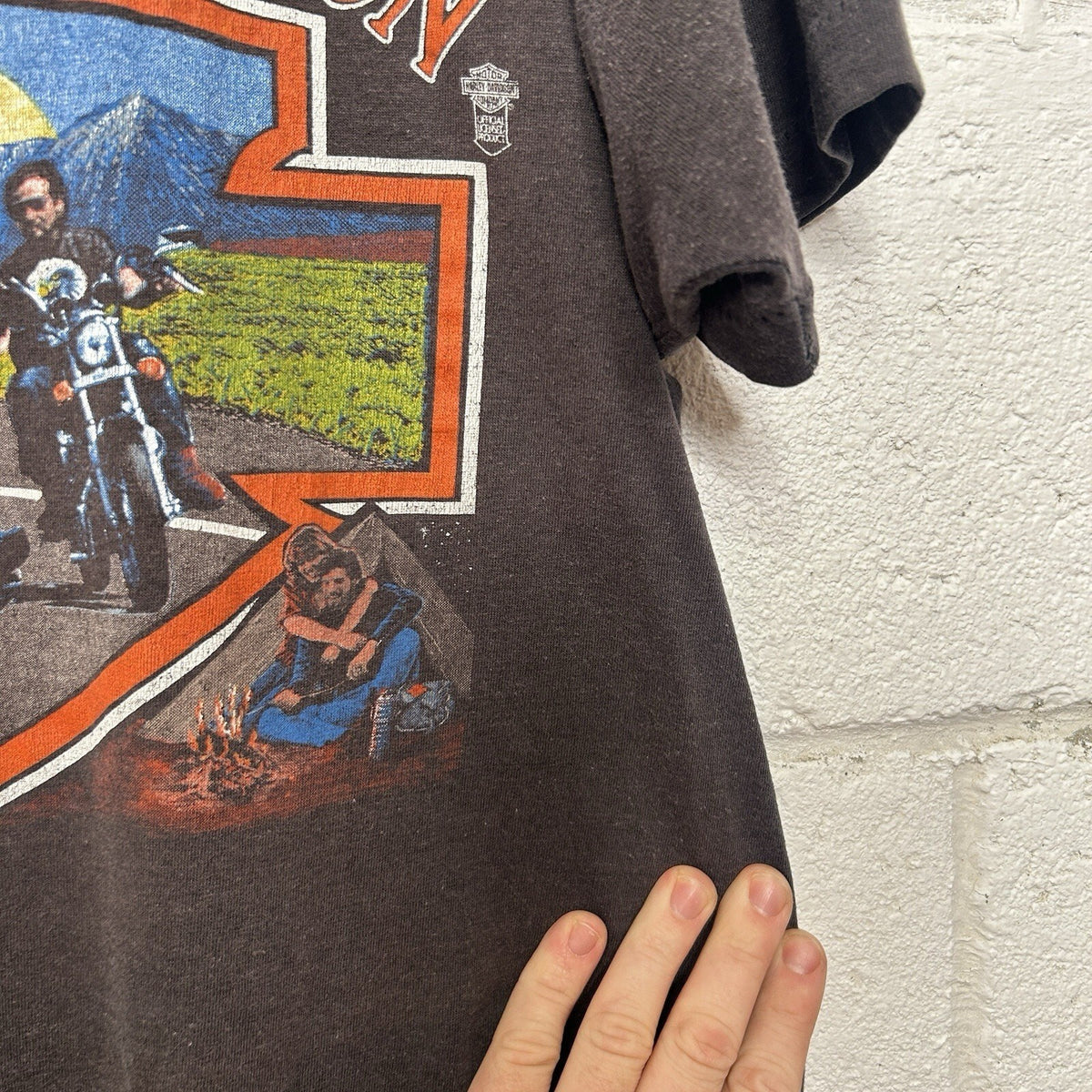 80's Vintage Harley-Davidson 3D Emblem Shield Mountains Tee